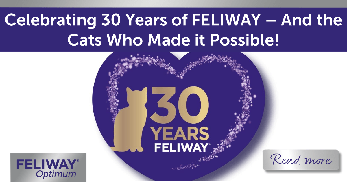 Purple heart-shaped badge with a gold cat silhouette and the text “30 Years FELIWAY,” surrounded by a sparkling heart outline.